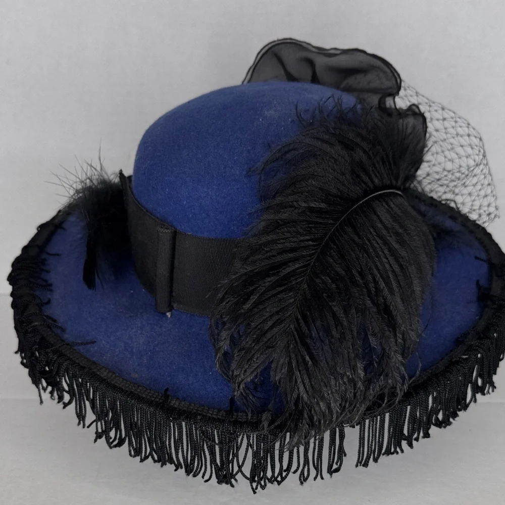 Vintage IMPORTINA Geo W. Bollman &Co Navy & Black Wool Wide Brim Hat